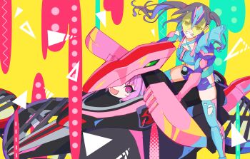 2girls aircraft alternate_form armor blue_armor blue_thighhighs bohi_yamage breasts cosplay rider_belt faiz highres idolmaster idolmaster_cinderella_girls kamen_rider kamen_rider_revi kamen_rider_revi_(cosplay) kamen_rider_revice kamen_rider_vice kamen_rider_vice_(cosplay) midriff multicolored_background multiple_girls pink_thighhighs ptera_genome pterosaur red_eyes revice_driver rider-tan rider_belt riding stamp_mark sunazuka_akira sunglasses thighhighs tokusatsu torn_clothes torn_legwear torn_thighhighs vistamp yellow_background yumemi_riamu