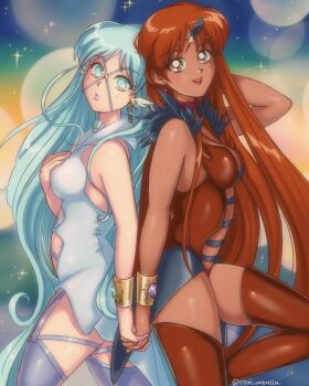 Rule 34 | 2girls, artist name, bishoujo senshi sailor moon, blue eyes, blue hair, breasts, brown eyes, brown hair, dark-skinned female, dark skin, highres, holding hands, interlocked fingers, interracial, leotard, lips, long hair, looking at viewer, medium breasts, multiple girls, sailor aluminum seiren, sailor lead crow, smile, stoneumbrella, very long hair, yuri