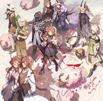 1other 2boys 6+girls adele_keller_(arknights) adjusting_eyewear ahoge animal_ear_fluff animal_ears arknights black_coat black_horns black_necktie black_pantyhose blue_feathers book bow breasts brown_hair brown_pants cat_ears cat_girl ceylon_(arknights) character_request closed_eyes closed_mouth coat collared_shirt commentary dated doctor_(arknights) dress earthspirit_(arknights) english_commentary eyjafjalla_(arknights) eyjafjalla_the_hvit_aska_(arknights) family father_and_daughter feather_hair feathers full_body gloves goat_ears goat_girl goat_horns green_dress grey_hair hair_between_eyes hair_ornament hairclip hat hat_bow helmet highres holding holding_book holding_staff hood hood_up hooded_coat horns husband_and_wife jacket kal&#039;tsit_(arknights) katia_naumann large_tail ling_nian_dolly long_hair long_sleeves looking_at_another looking_at_viewer magna_naumann material_growth mother_and_daughter multiple_boys multiple_girls necktie off-shoulder_dress off_shoulder open_clothes open_mouth orange_eyes oripathy_lesion_(arknights) pants pantyhose parent_and_child pink_eyes pink_hair platform_shoes provence_(arknights) purple_hair purple_shirt red_jacket sandals sheep sheep_ears sheep_girl sheep_horns shirt shorts skirt skyfire_(arknights) smile staff tail walking white_horns wolf_ears wolf_girl wolf_tail