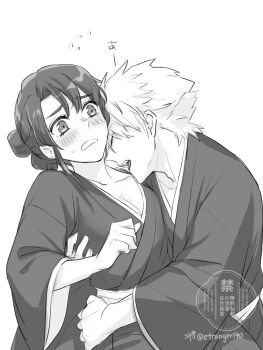 1boy 1girl bleach bleach:_epilogue blush breasts cleavage closed_eyes commentary_request etranger140 flying_sweatdrops greyscale hair_bun hetero highres hinamori_momo hitsugaya_toushirou japanese_clothes medium_breasts monochrome shihakusho signature sweatdrop twitter_username watermark wide_sleeves