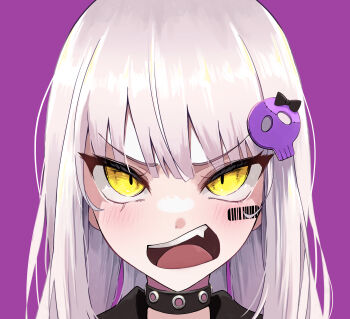1girl absurdres angry arisugawa_bii barcode black_choker blush choker commentary_request eyelashes fang hair_ornament highres long_hair open_mouth original portrait purple_background simple_background skull_hair_ornament solo teeth upper_teeth_only v-shaped_eyebrows white_hair yellow_eyes