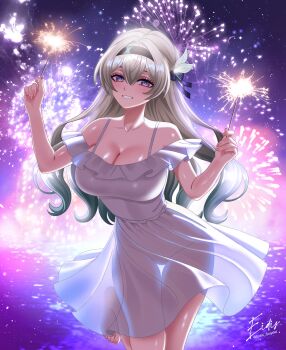 1girl absurdres aerial_fireworks barefoot black_hairband blue_ribbon breasts collarbone dress eidis_scarlet firefly_(honkai:_star_rail) fireworks grey_hair hair_between_eyes hair_ornament hairband highres honkai:_star_rail honkai_(series) large_breasts long_hair multicolored_eyes multicolored_hair purple_eyes ribbon smile solo sparkler thigh_gap two-tone_eyes two-tone_hair white_dress