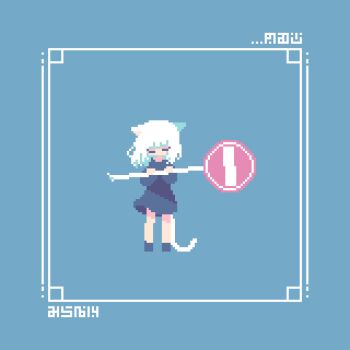 1girl animal_ears blue_background blue_dress blue_tunic cat_ears cat_girl cat_tail closed_eyes commentary dotpict_(medium) dress full_body highres holding holding_sign inset_border long_sleeves looking_down medium_hair mira_14gou negative_space original pixel_art road_sign sign signature simple_background solo square stop_sign tail tunic white_hair