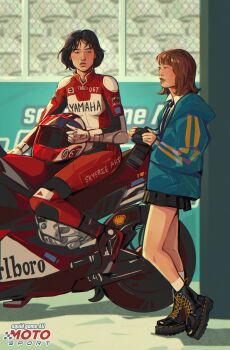 2girls absurdres black_hair black_necktie black_skirt blue_jacket bob_cut bodysuit brown_hair camera collared_shirt full_body helmet highres holding holding_camera holding_unworn_helmet jacket ji-yeong kang_sae-byeok looking_at_another motor_vehicle motorcycle multiple_girls necktie shirt short_hair skirt skyfree_art squid_game unworn_headwear unworn_helmet white_shirt