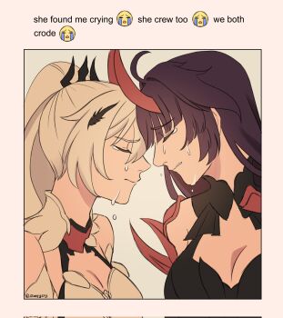 Rule 34 | 2girls, commentary, corrupted twitter file, crying, english commentary, english text, forehead-to-forehead, heads together, high ponytail, highres, honkai (series), honkai impact 3rd, horns, kiana kaslana, kiana kaslana (herrscher of flamescion), long hair, multiple girls, ponytail, purple hair, raiden mei, raiden mei (herrscher of thunder), red horns, sleepycty, tears, white hair