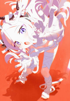 1girl :o absurdres alternate_costume bandages blue_archive bm_tol claw_pose commentary demon_horns foreshortening grey_hair head_tilt highres hina_(blue_archive) horns long_hair looking_at_viewer mummy_costume naked_bandage purple_eyes shadow solo toes very_long_hair