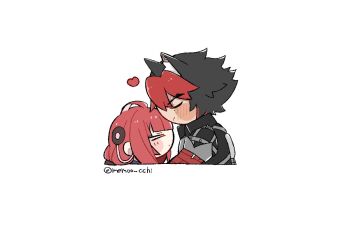 &gt;_&lt; 1boy 1girl animal_ear_fluff animal_ears black_hair black_jacket blush chibi chibi_only closed_eyes closed_mouth commentary_request ear_piercing from_side hair_between_eyes heart hetero jacket komano_manato memoo_cchi multicolored_hair piercing red_bandage red_hair scar scar_across_eye scar_on_face short_hair simple_background sleeves_rolled_up twitter_username ukinami_yuzuha upper_body white_background zenless_zone_zero