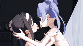 2girls absurdres black_hair closed_eyes double_bun french_kiss hair_bun hairband highres kiss kodomo_doushi loli multiple_girls original saliva shiratama_mochi tongue tongue_out yuri