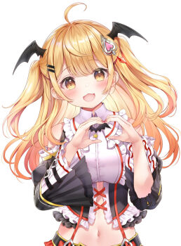 1girl :d ahoge bat_brooch bat_wings black_sleeves blonde_hair blush bodice breasts brooch center-flap_bangs center_frills chestnut_mouth collared_shirt commentary_request crop_top cross-laced_clothes detached_sleeves double-parted_bangs fang floating_hair frilled_sailor_collar frilled_shirt frilled_shirt_collar frilled_sleeves frills gothic_lolita hair_ornament hairclip head_wings heart heart_hair_ornament heart_hands highres hololive jewelry large_breasts lolita_fashion long_hair looking_at_viewer midriff nail_polish navel official_alternate_costume official_alternate_hair_length official_alternate_hairstyle open_mouth parallel_hairclips pink_nails red_ribbon ribbon sailor_collar sakura_moyon shirt simple_background skin_fang sleeveless sleeveless_shirt smile solo stomach suspenders two_side_up underbust upper_body virtual_youtuber white_background white_shirt wide_sleeves wings yellow_eyes yozora_mel yozora_mel_(girly)