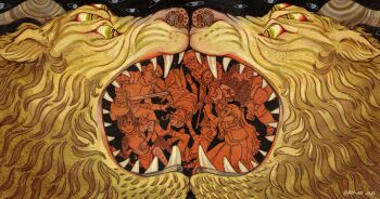 2024 3girls 5boys animal_ears artist_name beard black_background black_hair blonde_hair cat_ears chilchuck_tims chimera dated demon dungeon_meshi dwarf elf extra_eyes facial_hair fake_horns falin_touden halfling helmet highres holding holding_staff holding_sword holding_weapon horned_helmet horns izutsumi laios_touden lion long_hair marcille_donato multiple_boys multiple_girls mustache open_mouth pien-art pointy_ears senshi_(dungeon_meshi) sharp_teeth short_hair spoilers staff sword teeth thistle_(dungeon_meshi) weapon winged_lion_(dungeon_meshi)