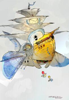 2others absurdres aircraft airship balloon dated flag gen_1_pokemon gen_3_pokemon grey_background highres multiple_others nintendo no_humans pelipper pikachu pokemon pokemon_(creature) sail signature squirtle sukepmonster