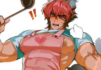 ! !! 1boy absurdres animal_ear_fluff animal_ears apron arm_up awuoo395306 bara beauceron black_hair blush clothes_lift embarrassed facial_scar heart highres holding holding_ladle komano_manato ladle male_focus multicolored_hair nipples open_mouth pectorals pink_apron red_eyes red_hair scar scar_on_arm scar_on_cheek scar_on_face shirt shirt_lift short_sleeves simple_background solo sweat teeth two-tone_hair unfinished upper_body white_background white_shirt zenless_zone_zero