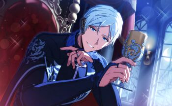 Rule 34 | 1boy, blue eyes, bridal gauntlets, candle, candlestand, cup, dark-skinned male, dark skin, fingernails, game cg, happy elements, helios rising heroes, highres, holding, holding cup, indoors, jewelry, long sleeves, looking at viewer, male focus, mole, mole under eye, non-web source, official art, oscar bale, ring, short hair, sitting, smile, solo, teeth, upper body, white hair, window