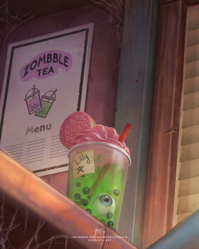Rule 34 | artist name, blondynkitezgraja, bubble tea, cup, disposable cup, drinking straw, english text, eyeball, food, food focus, highres, ice cream, indoors, no humans, original, poster (object), realistic, sign, signature, silk, spider web, still life, watermark, web address