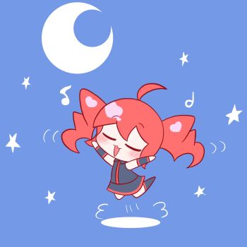 :3 absurdres black_shirt black_skirt black_sleeves blue_background blush cb85361756 chibi chibi_only closed_eyes commentary_request crescent_moon detached_sleeves drill_hair full_body highres jumping kasane_teto moon motion_lines musical_note outstretched_arms red_hair red_trim shirt skirt sleeveless sleeveless_shirt star_(symbol) twin_drills utau