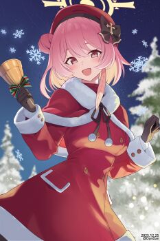 1girl :d absurdres bell beret black_bow black_gloves blue_archive blush bow capelet christmas coat cross_hat_ornament dandan_(uaee4742) dated dress feather_hair fur-trimmed_capelet fur_trim gloves hair_between_eyes hair_bun halo hat highres holding holding_bell looking_at_viewer medium_hair official_alternate_costume open_mouth outdoors pink_eyes pink_hair red_capelet red_coat red_hat santa_costume santa_dress serina_(blue_archive) serina_(christmas)_(blue_archive) single_side_bun smile snowflakes solo twitter_username yellow_halo