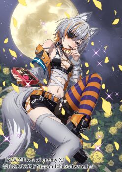 1girl animal_ears asymmetrical_legwear bandaged_arm bandaged_stomach bandages belt black_collar black_shoes black_shorts box box_of_chocolates breasts chocolate_on_hand closed_mouth collar copyright_notice eyepatch flower food_on_hand grey_hair grey_thighhighs hair_between_eyes highres holding holding_box jacket lisa_brunhild medium_breasts mismatched_legwear moon multicolored_hair navel night night_sky official_art one_eye_covered open_clothes open_jacket orange_belt orange_hair outdoors rose shoes short_hair shorts sky solo sparkle striped_clothes striped_thighhighs tail takanashi_kei_(hitsujikan) thighhighs tongue tongue_out wolf_ears wolf_tail yellow_flower yellow_petals yellow_rose z/x