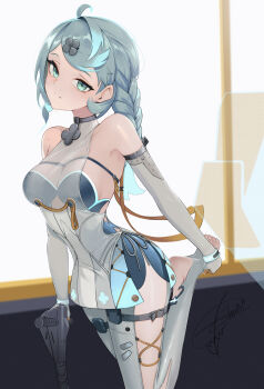 1girl absurdres anizi bare_shoulders blue_eyes blue_hair breasts clothing_cutout commentary_request detached_sleeves formal_clothes gloves hair_ornament hairpin hand_on_own_leg highres latex_pants looking_at_viewer mole mole_on_shoulder ponytail see-through_dress_layer seed_(zenless_zone_zero) segway side_cutout solo suit thigh_cutout thigh_strap toeless_legwear toeless_socks white_suit zenless_zone_zero