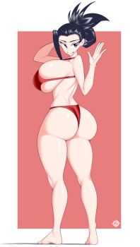 1girl absurdres ass bikini black_eyes black_hair boku_no_hero_academia breasts highres huge_ass huge_breasts long_hair onaeane ponytail red_bikini sideboob sile solo swimsuit thighs waving yaoyorozu_momo