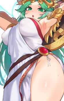 1girl armlet armpit_crease armpits arms_up bad_id bad_twitter_id belt blush breasts cowboy_shot dress eyelashes from_below green_eyes green_hair highres jewelry jtveemo kid_icarus kid_icarus_uprising large_breasts long_hair looking_at_viewer looking_down multiple_belts nintendo open_mouth palutena puffy_nipples side_slit simple_background solo strapless strapless_dress sweat sweatdrop thighs tiara twitter_username white_background white_dress