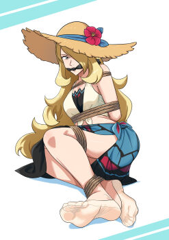1girl absurdres arms_behind_back blonde_hair bound breasts cleave_gag cloth_gag cynthia_(pokemon) cynthia_(summer_2025)_(pokemon) gag gagged hat highres improvised_gag legs long_hair lost_one_zero nintendo pokemon pokemon_masters_ex sarong