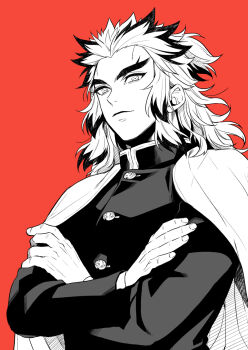 1boy cape closed_mouth commentary_request crossed_arms demon_slayer_uniform forked_eyebrows greyscale_with_colored_background hashimoto_(yanagi-momo) jacket kimetsu_no_yaiba long_hair long_sleeves looking_at_viewer male_focus medium_hair monochrome multicolored_hair red_background rengoku_kyoujurou simple_background solo streaked_hair thick_eyebrows two-tone_hair upper_body white_cape
