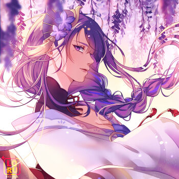 1girl artist_name back_bow blunt_bangs blurry blurry_background bow braid breasts bridal_gauntlets cleavage clothing_cutout commentary dexyvlol english_commentary fan_hair_ornament flower from_side genshin_impact hair_ornament happy_birthday highres japanese_clothes large_breasts long_braid long_sleeves looking_to_the_side mole mole_under_eye multicolored_hair neck_ribbon off_shoulder parted_lips purple_eyes purple_hair raiden_shogun red_ribbon ribbon shoulder_cutout single_braid sky solo streaked_hair sunset upper_body wide_sleeves wisteria