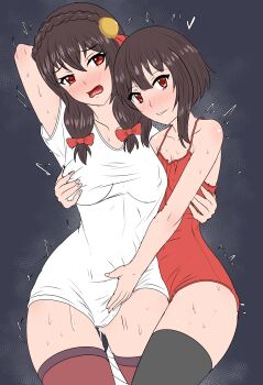 2girls arm_up babydoll bandaged_leg bandages bare_arms black_background black_thighhighs bow braid breasts brown_hair collarbone commentary_request flat_chest fuzzlogik grabbing_another's_breast groping hair_bow hair_ornament highres kono_subarashii_sekai_ni_shukufuku_wo! long_hair looking_at_viewer medium_breasts megumin multiple_girls open_mouth red_babydoll red_bow red_eyes shirt short_hair sidelocks single_thighhigh steam sweat t-shirt thighhighs thighs twitching white_shirt yunyun_(konosuba) yuri