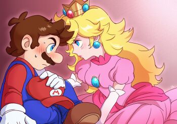 1boy 1girl agua_mp blonde_hair blue_eyes blue_overalls blush brown_hair chinese_commentary commentary_request crown dress earrings elbow_gloves facial_hair gloves hat highres holding holding_unworn_clothes holding_unworn_hat jewelry lips lipstick long_hair long_sleeves looking_at_another makeup mario mario_(series) mustache nintendo overalls pink_dress pink_lips princess princess_peach red_hat red_shirt shirt short_hair sphere_earrings unworn_hat unworn_headwear white_gloves