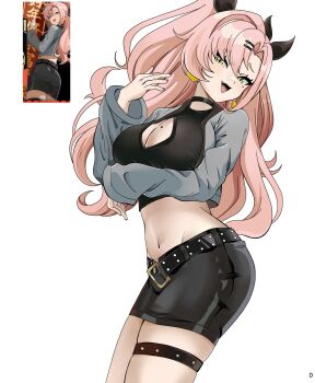 1girl absurdres belt belt_buckle black_belt black_choker black_ribbon black_shirt black_skirt breasts buckle choker cleavage cleavage_cutout clothing_cutout commentary commentary_request cowboy_shot cropped_jacket cropped_shirt earrings english_commentary from_behind green_eyes grey_jacket hair_between_eyes hair_ornament hair_ribbon hairclip hand_up highres jacket jewelry kurimako large_breasts long_hair long_sleeves looking_at_viewer miniskirt mixed-language_commentary mole mole_on_breast mole_under_eye navel nicole_demara open_clothes open_jacket open_mouth parallel_hairclips parted_bangs pink_hair reference_inset ribbon shirt simple_background skirt smile solo stomach thigh_strap two_side_up white_background zenless_zone_zero