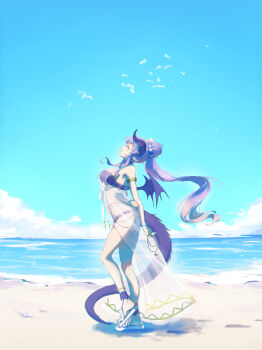 1girl absurdres beach bikini blue_sky breasts commentary_request curled_horns dragon_girl full_body highres homare_(princess_connect!) homare_(summer)_(princess_connect!) horns large_breasts long_hair ocean ponytail princess_connect! profile purple_bikini purple_hair qianlilingjiang sandals sky smile solo sunlight swimsuit tail very_long_hair