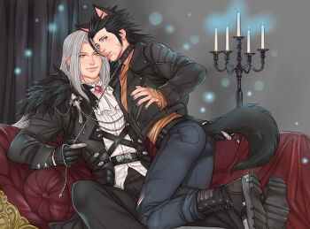 2boys animal_collar animal_ears aqua_eyes ascot black_boots black_gloves black_hair black_jacket black_nails black_pants boots candlestand closed_mouth collar couch cross_scar crylin6 curtains dog_boy dog_ears dog_tail facial_scar feather-trimmed_jacket feather_trim final_fantasy final_fantasy_vii final_fantasy_vii_ever_crisis fingernails gem gloves green_eyes grey_hair hair_slicked_back highres holding holding_leash jacket kemonomimi_mode leash leather leather_jacket long_hair medium_hair multiple_boys official_alternate_costume orange_shirt pants parted_bangs parted_lips red_gemstone scar scar_on_cheek scar_on_face sephiroth sephiroth_(dark_harbinger) sharp_fingernails shirt sideburns slit_pupils smile tail white_ascot white_shirt yaoi zack_fair zack_fair_(black_hound)