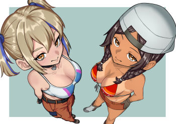 2girls absurdres arms_behind_back backwards_hat baseball_cap black_choker blonde_hair blue_hair border braid breasts brown_eyes brown_gloves brown_hair chinese_commentary choker cleavage closed_mouth commentary_request dark-skinned_female dark_skin from_above gloves green_background grey_hat gundam gundam:_hathaway's_flash hala_morley hat heart heart_choker highres julia_suga large_breasts long_hair looking_at_viewer multicolored_hair multiple_girls orange_eyes orange_pants orange_shorts outside_border pants partial_commentary shorts smile streaked_hair sugiyamayosihuru tan tanline twin_braids two-tone_hair white_border