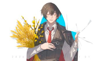 1boy 2026 absurdres birthday black_coat black_hair black_vest branch closed_eyes coat coat_on_shoulders collared_shirt commentary crossed_bangs curtain_grab curtains dated english_commentary facing_viewer flower hair_between_eyes highres holding holding_branch holding_wheat jewelry lapels limbus_company long_sleeves male_focus necktie notched_lapels open_mouth project_moon pudding_1106 red_necktie ring shirt short_hair smile solo two-sided_coat two-sided_fabric upper_body vest wheat white_background white_shirt yellow_flower yi_sang_(project_moon)
