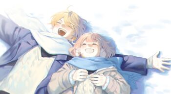 1boy 1girl blonde_hair blue_scarf blunt_bangs clenched_teeth closed_eyes earmuffs eyes_visible_through_hair hands_on_own_chest hashtag-only_commentary jacket lapels long_sleeves lying notched_lapels on_back ootori_emu open_clothes open_jacket open_mouth outstretched_arms outstretched_hand pink_hair project_sekai scarf smile snow sweater teeth tenma_tsukasa undodo_0 upper_body upper_teeth_only v-neck winter winter_clothes