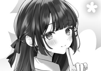 Rule 34 | 1girl, blush, closed mouth, collared shirt, commentary request, finger to mouth, greyscale, kanagi nagi, looking at viewer, looking back, monochrome, portrait, shirt, shushing, smile, solo, uchi no seiso-kei iinchou ga katsute chuunibyou idol datta koto wo ore dake ga shitteiru., yugaa