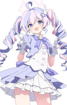 1girl ahoge blue_archive blue_hair blush bow bowtie double_v earrings foulo_paints gloves hair_between_eyes hair_ornament halo jewelry long_hair looking_at_viewer multicolored_hair official_alternate_costume open_mouth pink_hair pink_halo puffy_short_sleeves puffy_sleeves purple_bow purple_bowtie purple_eyes purple_hair purple_skirt reisa_(blue_archive) reisa_(magical)_(blue_archive) short_sleeves simple_background skirt smile solo star_(symbol) star_earrings star_hair_ornament streaked_hair twintails two-tone_hair upper_body v white_background white_gloves