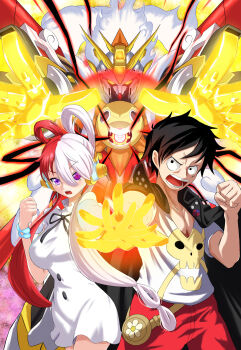 1boy 1girl absurdres black_hair breasts cape clenched_hand code_geass dress g_gundam geass glowing glowing_eye glowing_hand gundam hair_between_eyes hair_rings heterochromia highres long_hair medium_breasts monkey_d._luffy multicolored_hair one_piece one_piece_film:_red open_mouth outstretched_hand parody purple_eyes red_hair scar scar_on_face sekiha_love-love_tenkyoken shirt short_dress skull_and_crossbones thousand_sunny two-tone_hair uta_(one_piece) very_long_hair white_dress white_hair white_shirt zerokun135