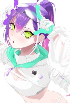 1girl breasts cleavage commentary crop_top double-parted_bangs ear_piercing edge_ill from_above gloves goggles goggles_on_head green_eyes hair_between_eyes hands_up highres hololive long_hair long_sleeves looking_at_viewer official_alternate_costume official_alternate_hairstyle open_mouth piercing ponytail purple_hair shrug_(clothing) small_breasts solo tokoyami_towa tokoyami_towa_(cyberpunk) upper_body virtual_youtuber white_gloves white_shrug