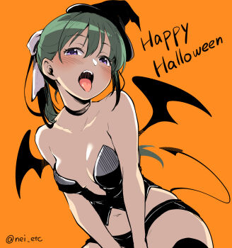 1girl bent_over black_panties black_thighhighs breasts commentary_request demon_girl demon_tail demon_wings green_hair happy_halloween hat highres long_hair meganei open_mouth original panties plunging_neckline ponytail purple_eyes single_sidelock small_breasts solo strapless tail thighhighs tongue tongue_out tube_top twitter_username underwear wings witch_hat