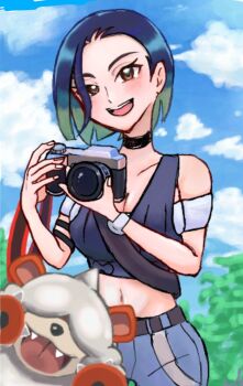 1girl armband bare_shoulders black_armband black_choker blue_hair bob_cut breasts brown_eyes camera choker claws collarbone crop_top denim dog fangs gradient_hair grey_shirt hair_over_eyes hisuian_growlithe holding holding_camera horns jeans kinopio000hey large_breasts loose_hair_strand midriff multicolored_hair nintendo off-shoulder_shirt off_shoulder pants perrin_(pokemon) pokemon pokemon_(creature) pokemon_sv ribbed_shirt shirt short_hair single_horn sleeveless sleeveless_shirt teeth undershirt upper_teeth_only v-neck watch white_nails wristwatch