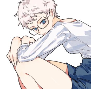 1girl arms_on_knees blue_pupils blue_shorts closed_mouth commentary glasses highres kyokugen_dasshutsu long_sleeves loo48 phi_(kyokugen_dasshutsu) purple_eyes shirt short_hair shorts simple_background sitting solo very_short_hair white_background white_hair white_shirt zero_escape:_toki_no_dilemma