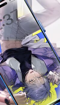 1boy abs alternate_costume arms_up bespectacled black_shirt blue_jacket cellphone glasses grey_pants hashtag-only_commentary highres honkai:_star_rail honkai_(series) iphone jacket lapels looking_at_viewer male_focus midriff open_mouth pants parted_hair phainon_(honkai:_star_rail) phone shirt smartphone totomong upside-down watch wristwatch