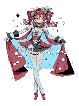 :> ahoge alternate_costume aqua_cape ballet_slippers black_skirt black_wrist_cuffs blue_gloves blue_skirt blue_wrist_cuffs bow bow_bustier breasts bustier cape cape_bow cape_hold capelet clothing_cutout crossed_legs curtsey drill_hair earrings elbow_gloves full_body fur_wrist_cuffs gloves hair_between_eyes hair_bow hair_ornament hashtag-only_commentary high_collar highres jewelry kasane_teto layered_skirt looking_to_the_side miniskirt necktie number_tattoo overskirt petticoat pom_pom_(clothes) pom_pom_brooch pom_pom_earrings red_cape red_eyes red_hair red_necktie red_overskirt red_shoes shoes sidelocks simple_background skirt small_breasts smile star_(symbol) star_cutout star_print tanglaoban1225 tattoo thighhighs tutu twin_drills two-sided_cape two-sided_fabric utau watson_cross white_background white_bustier white_capelet white_streaks wrist_cuffs zettai_ryouiki