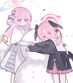 2girls black_wings blue_archive blush closed_mouth commentary_request dress flower hair_between_eyes hair_flower hair_ornament halo head_wings koharu_(blue_archive) korean_commentary long_hair long_sleeves looking_at_viewer mika_(blue_archive) multiple_girls nagakiras2 open_mouth pink_eyes pink_hair sailor_collar simple_background sleeves_past_wrists snowman teeth upper_teeth_only very_long_hair white_background white_dress white_sailor_collar white_wings wings yellow_eyes
