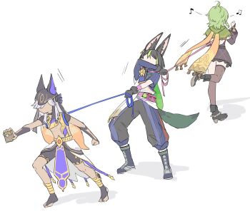 1girl 2boys ahoge animal_ears animal_hat arm_up asymmetrical_legwear asymmetrical_sleeves black_hair boots capelet collei_(genshin_impact) commentary_request cyno_(genshin_impact) dark-skinned_male dark_skin dress faceless faceless_male full_body genshin_impact green_hair grey_hair hat highres himeko_(nico6v6pachi) holding holding_leash leash leash_pull long_hair long_sleeves medium_hair multicolored_hair multiple_boys musical_note outstretched_arm pants pulling scarf shirt short_dress short_sleeves shorts standing tail thighhighs tighnari_(genshin_impact) toeless_footwear two-tone_hair uneven_sleeves walking