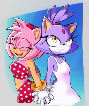 2girls :3 ^_^ absurdres amy_rose animal_ears animal_nose bare_shoulders bikini bikini_shorts blaze_the_cat blue_background body_fur border breasts cat_ears cat_girl closed_eyes closed_mouth commission dress female_focus forehead_jewel from_side fur-trimmed_gloves fur_trim furry furry_female gem gloves gradient_background grey_border hairband happy highres jakkurai looking_up midriff multiple_girls open_mouth orange_eyes outside_border pink_fur pink_hair polka_dot polka_dot_bikini purple_fur purple_hair red_bikini red_gemstone red_hairband short_hair shorts sidelocks simple_background small_breasts smile sonic_(series) standing strapless strapless_bikini sundress swimsuit teeth topknot two-tone_fur white_dress white_fur white_gloves