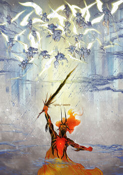 Rule 34 | 1boy, 6+girls, absurdres, arm up, burning, cloud, commentary request, energy spear, energy weapon, fate/grand order, fate (series), fiery hair, giant, glowing, glowing wings, gotterdammerung (fate/grand order), highres, holding, holding polearm, holding weapon, hood, hood up, horns, liguangze, looking up, multiple girls, pelvic curtain, polearm, shield, surtr (fate), valkyrie, valkyrie (fate), weapon, wings