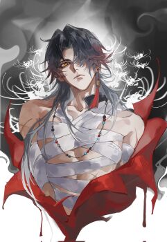 1boy bandaged_chest bandages black_hair blade_(elation)_(honkai:_star_rail) blade_(honkai:_star_rail) closed_mouth coat collarbone commentary_request cropped_torso flower frown hair_over_one_eye hgq5277 highres honkai:_star_rail honkai_(series) jewelry long_hair looking_at_viewer male_focus necklace official_alternate_costume one_eye_covered parted_hair red_coat red_eyes solo spider_lily