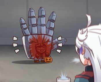 Rule 34 | 2girls, ahoge, animalization, asticassia school uniform, blood, blood on face, blood splatter, dha315, gundam, gundam aerial slap (meme), gundam suisei no majo, halloween, halloween costume, jack-o'-lantern, meme, miorine rembran, multiple girls, school uniform, spit take, spitting, suletta mercury, tanuki, turn pale, white hair